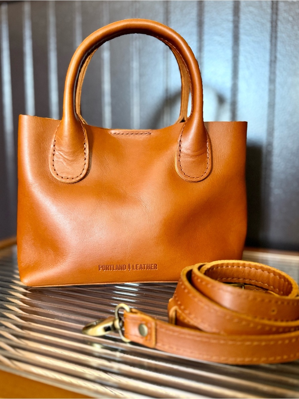 Portland Leather Honey Mini Raindrop Crossbody Mini Tote Camel